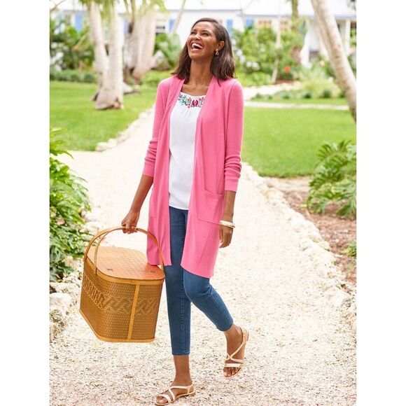 Talbots petite Barbie pink pocket long knit cardigan MP #671 - Picture 1 of 6